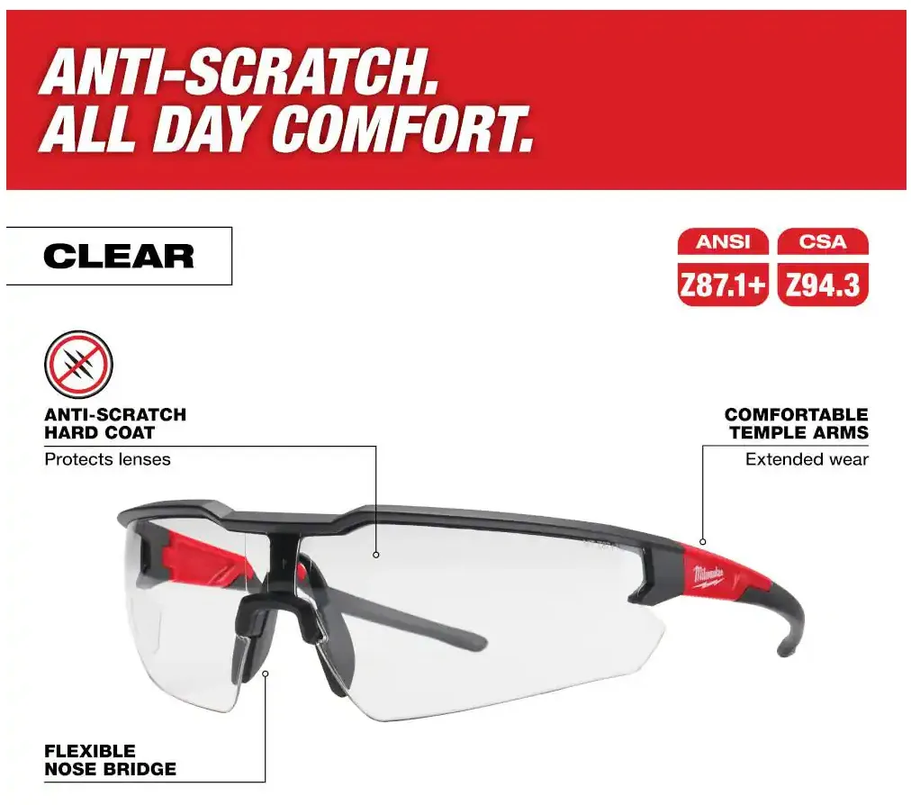 48-73-2010 Milwaukee Safety Glasses - Clear Anti Scratch Lenses