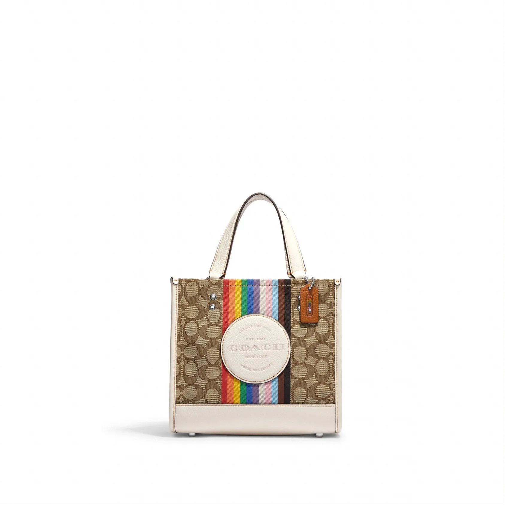 Coach Dempsey Tote 22 In Signature Jacquard With Rainbow Stripe And Coach Patch