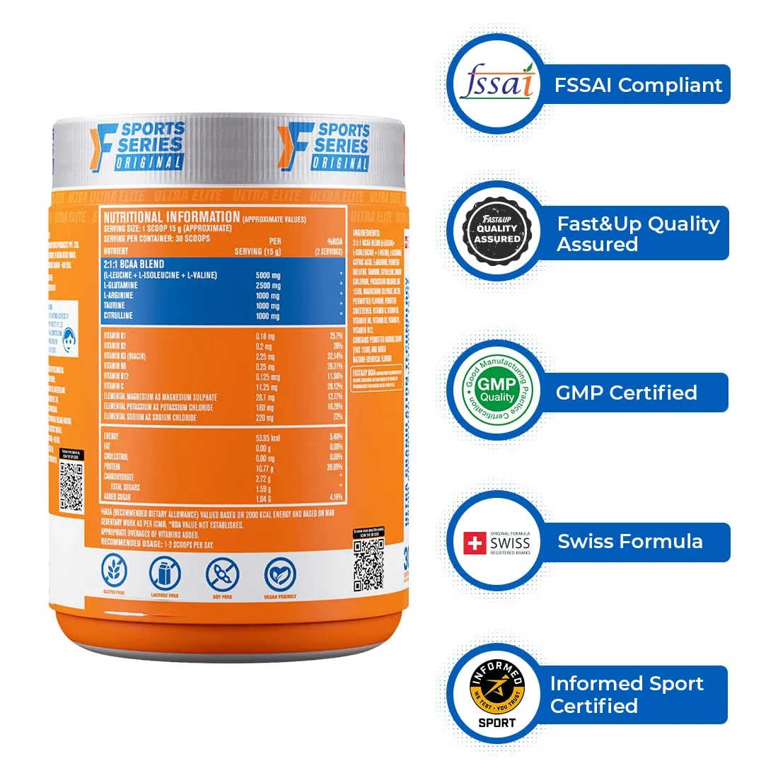 Fast&Up BCAA Advanced - 450 Gms, 30 Servings, (Cola Flavour) Informed Sport Certified BCAA that helps in Muscle Recovery & Endurance, BCAA (2:1:1)   Muscle Activators   Electrolytes