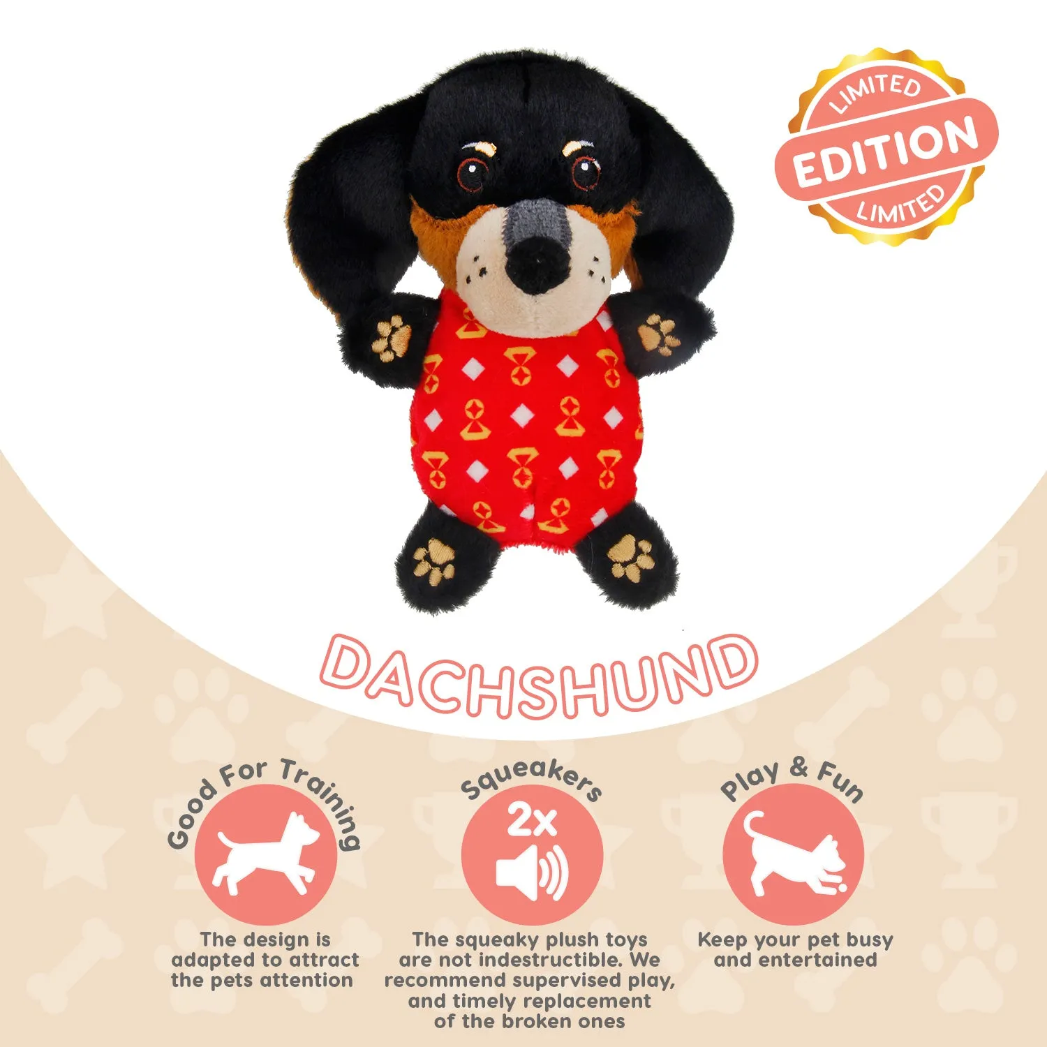 Misoko Limited Edition Dachshund Squeaky Plush Dog Toy Soft For Small Breed Dogs And Puppies