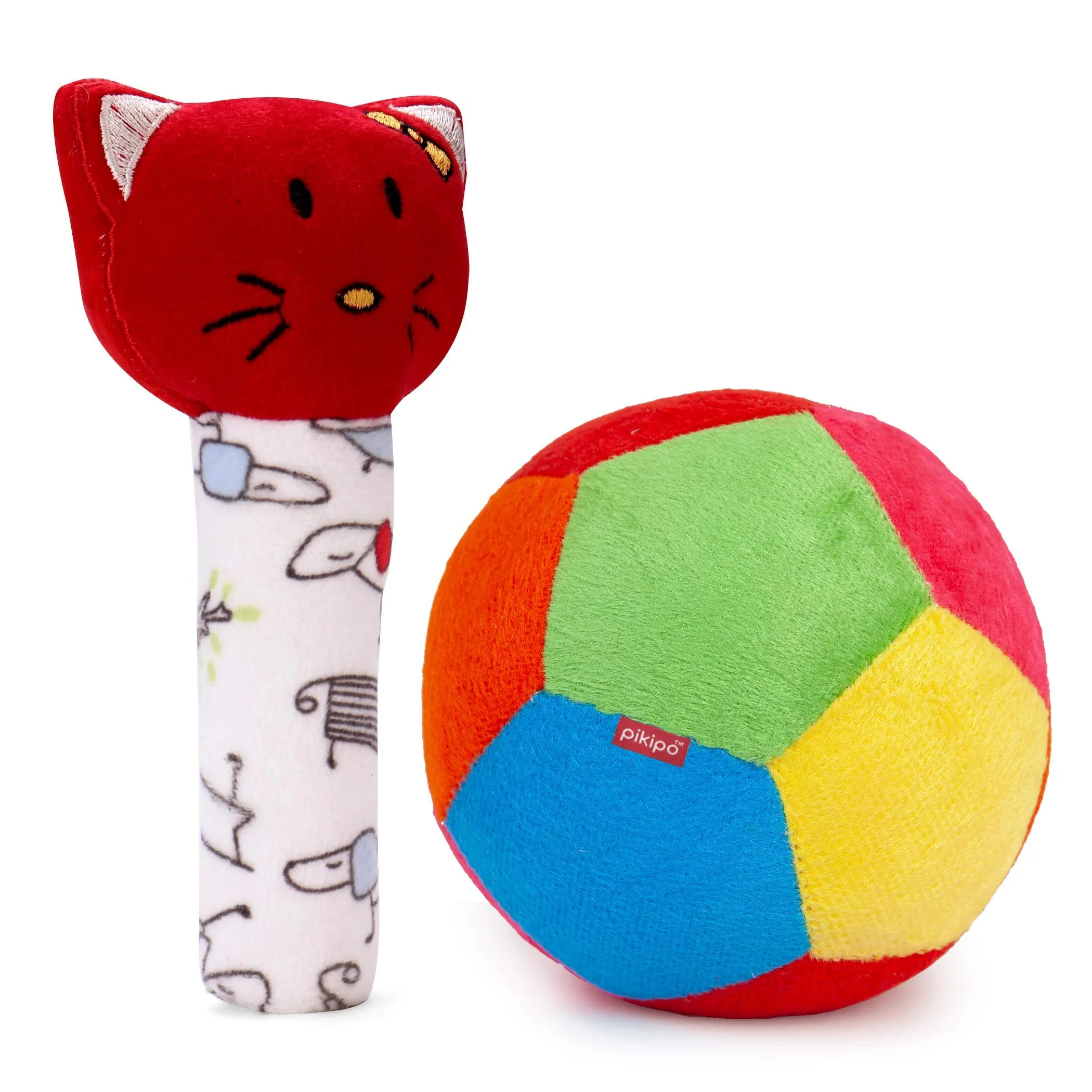 pikipo Infant Plush Soft Ball(Small Size, 11Cm) And Kitty Face Soft Rattle Combo, Multicolor,Baby(Material: Polyester & Plush)