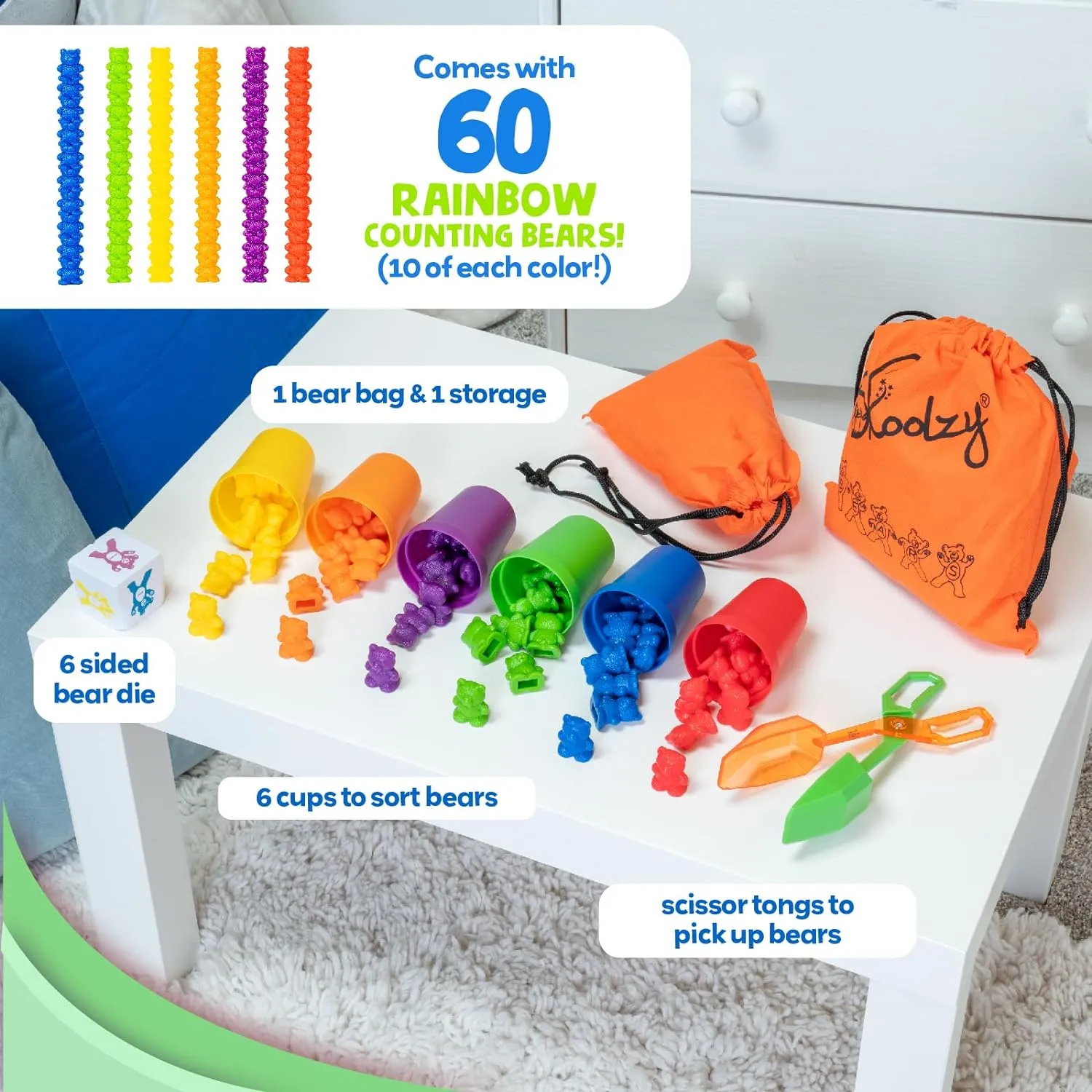 Skoolzy Rainbow Counting Bears Toddler Toys For 3 Year Old Gifts Stocking Stuffers, Sorting Cups, Montessori Sensory Toys, 1 Preschool Learning Activities Math Games Dice Toy, Montessori Tongs, 2 Bags