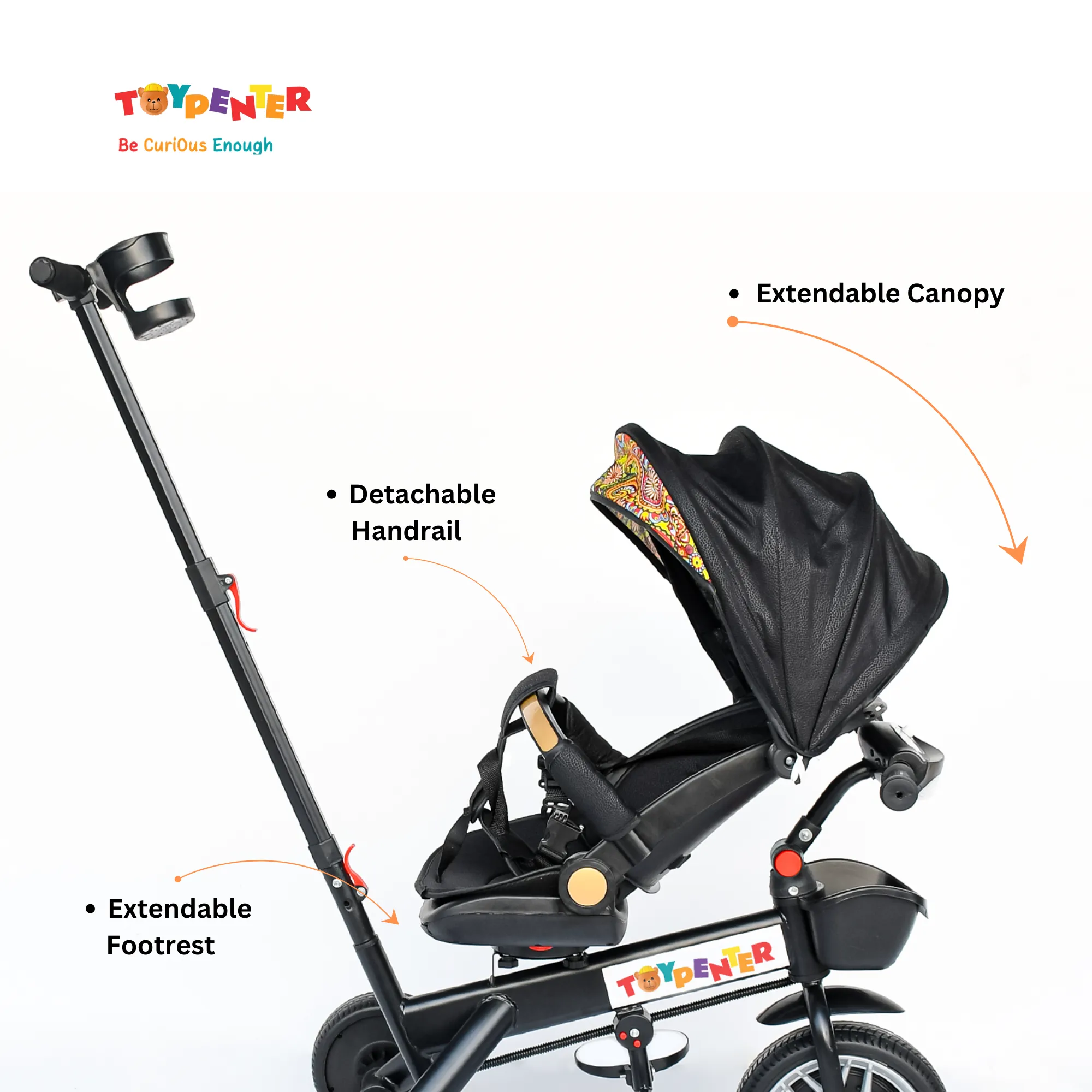 TOYPENTER 3 in 1 Baby Stroller/Kids Tricycle with Removable Canopy, Parental Adjust Push Handle Attached Bottle Holder for Kids | Boys | Girls Age 0 Months - 5 Years