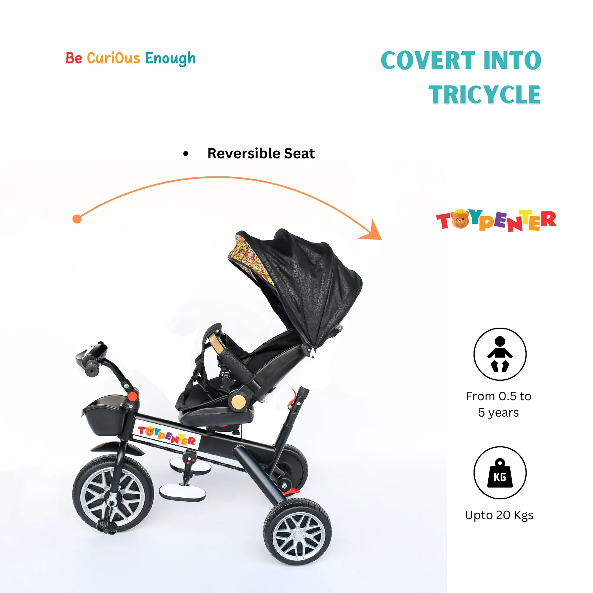 TOYPENTER 3 in 1 Baby Stroller/Kids Tricycle with Removable Canopy, Parental Adjust Push Handle Attached Bottle Holder for Kids | Boys | Girls Age 0 Months - 5 Years