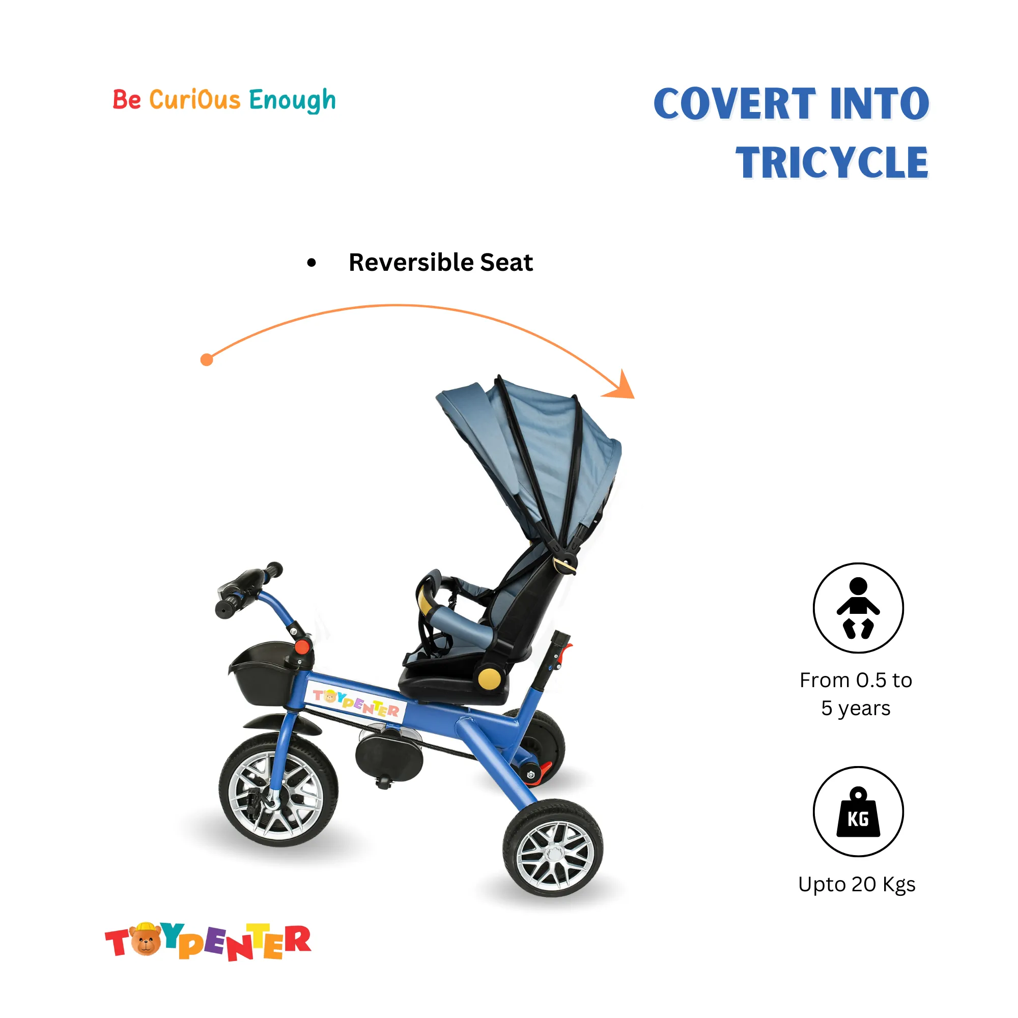 TOYPENTER 3 in 1 Baby Stroller/Kids Tricycle with Removable Canopy, Parental Adjust Push Handle Attached Bottle Holder for Kids | Boys | Girls Age 0 Months - 5 Years