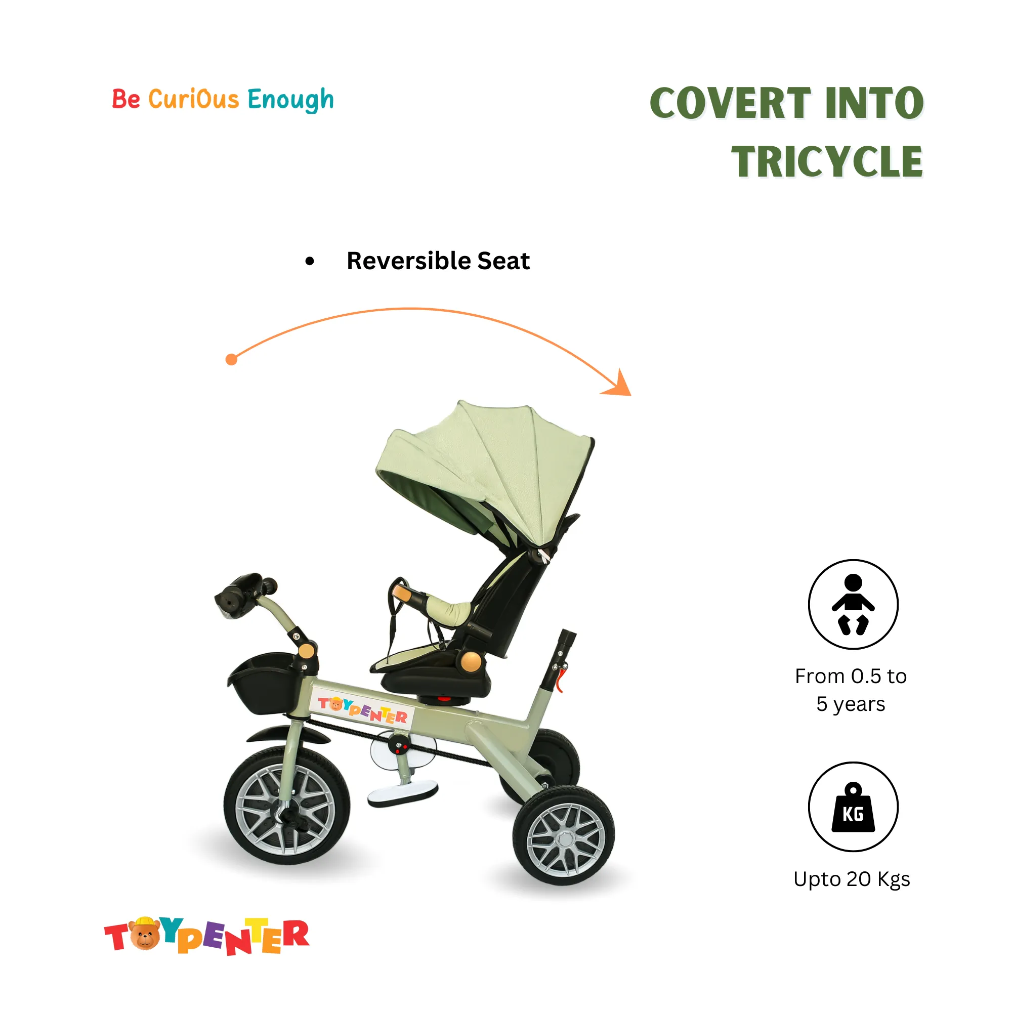 TOYPENTER 3 in 1 Baby Stroller/Kids Tricycle with Removable Canopy, Parental Adjust Push Handle Attached Bottle Holder for Kids | Boys | Girls Age 0 Months - 5 Years