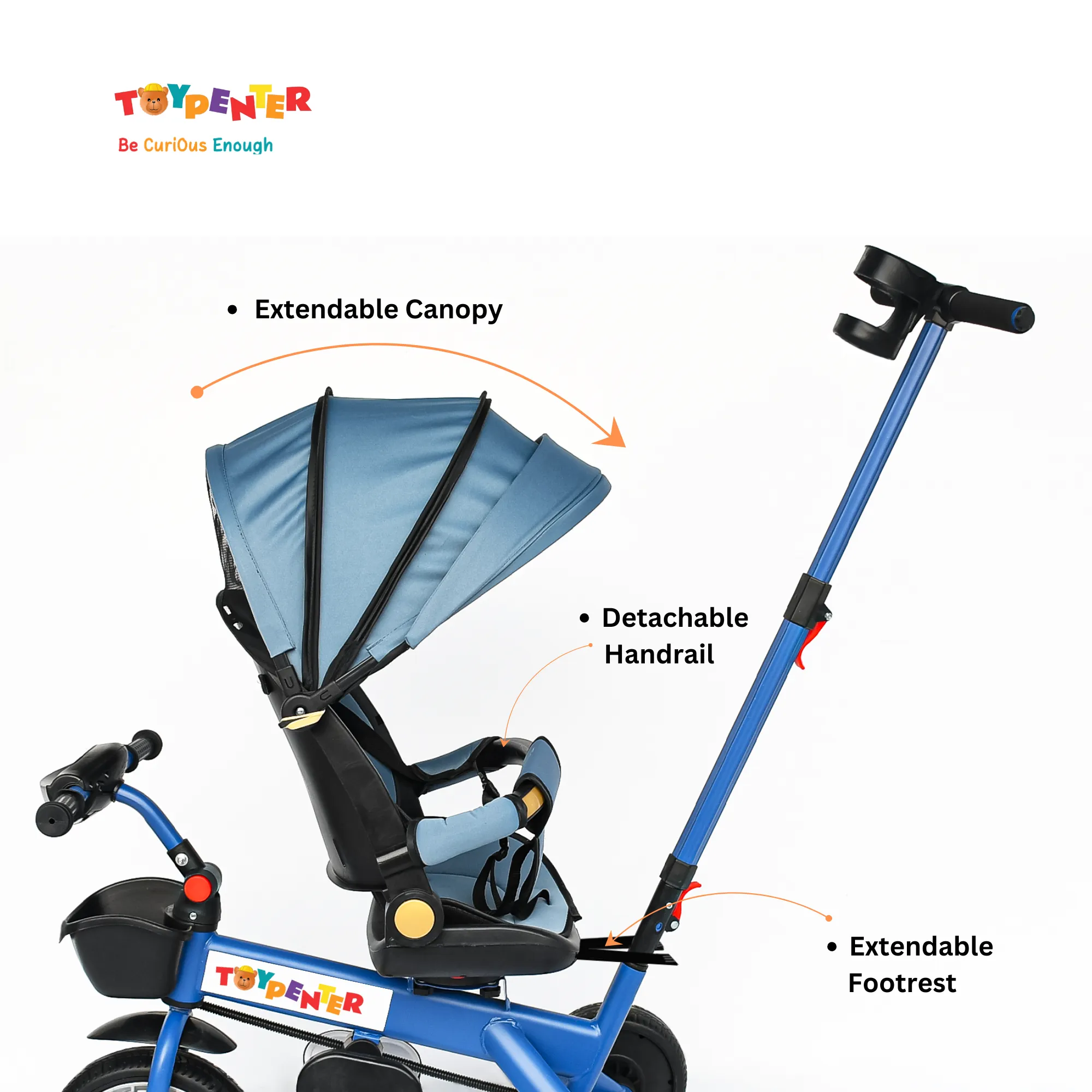 TOYPENTER 3 in 1 Baby Stroller/Kids Tricycle with Removable Canopy, Parental Adjust Push Handle Attached Bottle Holder for Kids | Boys | Girls Age 0 Months - 5 Years